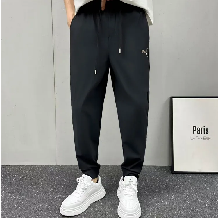 九分裤男款爆款2025新款黑色绣花束脚夏季冰丝休闲长裤中腰男裤