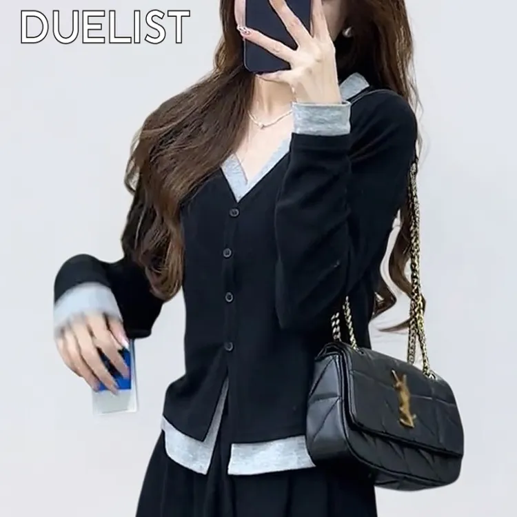 DUELIST假两件拼接长袖针织衫新款小个子修身显瘦正肩打底上衣女