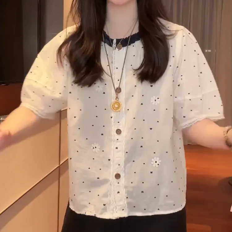 【蝴蝶小花】2025新夏季小花撞色木耳边领单排扣短袖衬衣LK2504152