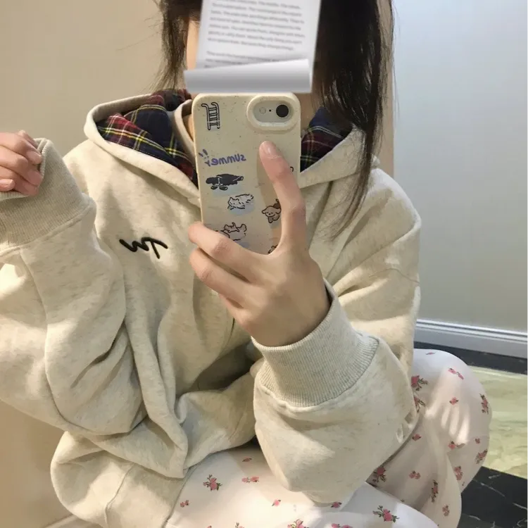 连帽卫衣男女高街美式秋冬季撞色慵懒风拼接格子加厚拉链开衫外套