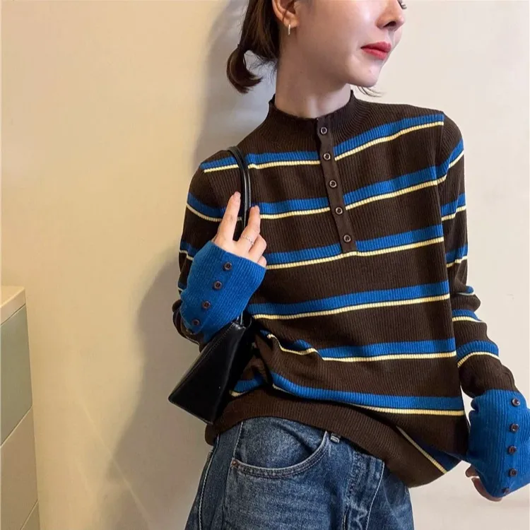MEIZHENZI【百搭C位】31%超细绵羊毛|秋冬半高领条纹针织衫打底毛衣