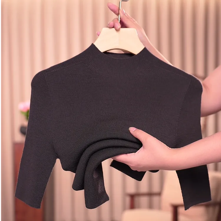 婷秋冬新款短袖可机洗【100%精纺全羊毛】女纯色针织百搭修身显瘦01