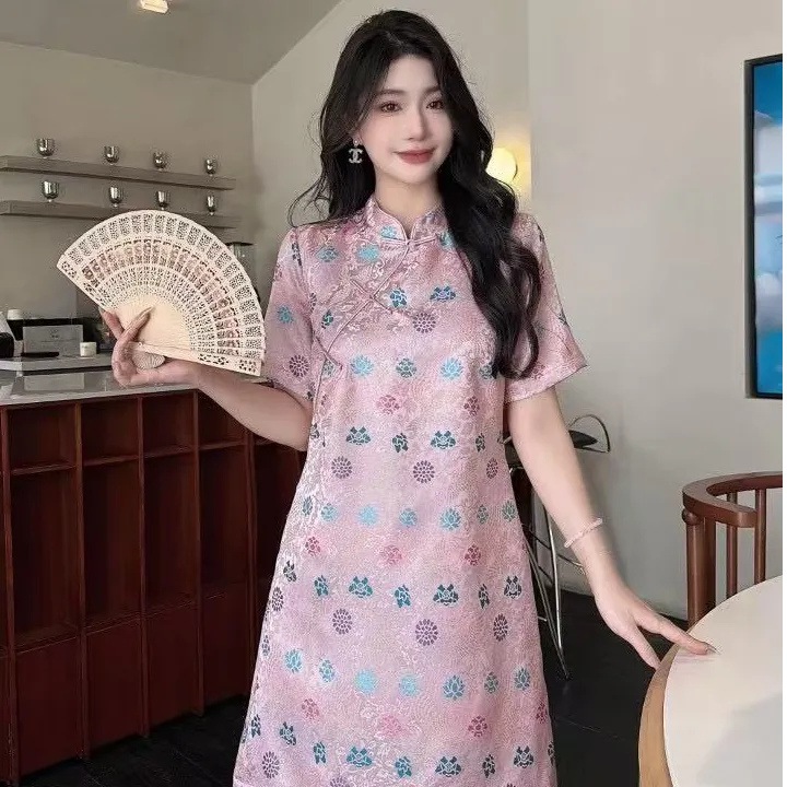 深圳南油高货夏季新款国风旗袍盘扣印花提花面料A字连衣裙