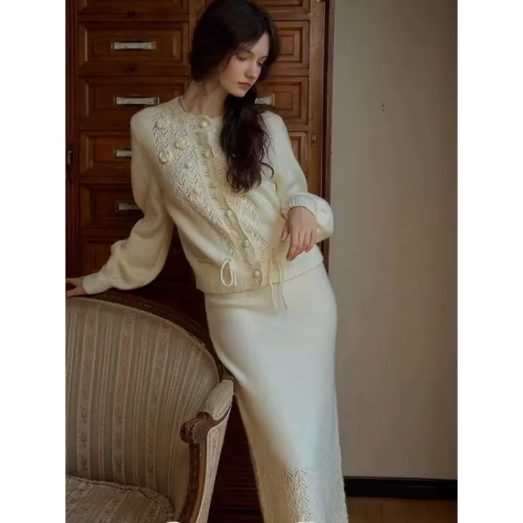 端庄优雅大气！拉花软蕾立体钩花套装裙女半身裙法式针织开衫上衣