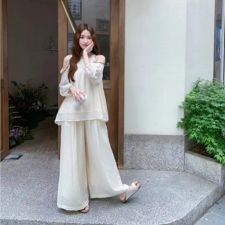 2025新款夏季微皱气质显瘦珍珠织带挂脖漏肩胖mm洋气复古衬衫套装