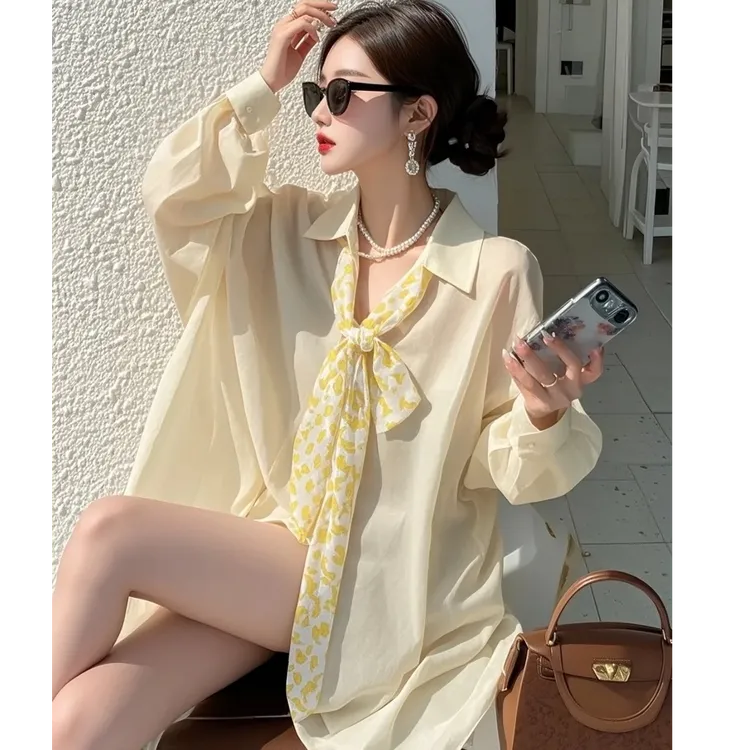 宽松长袖衬衣2025超火衬衫配领巾高级感轻奢减龄洋气春季法式上衣