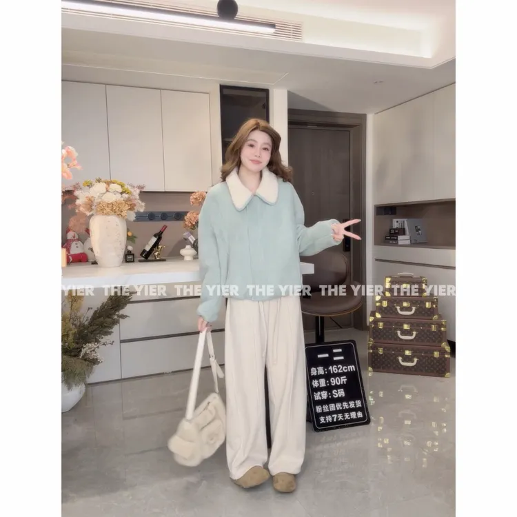 2025冬季新款百搭翻领羊羔毛拼接麂皮绒皮毛一体短外套