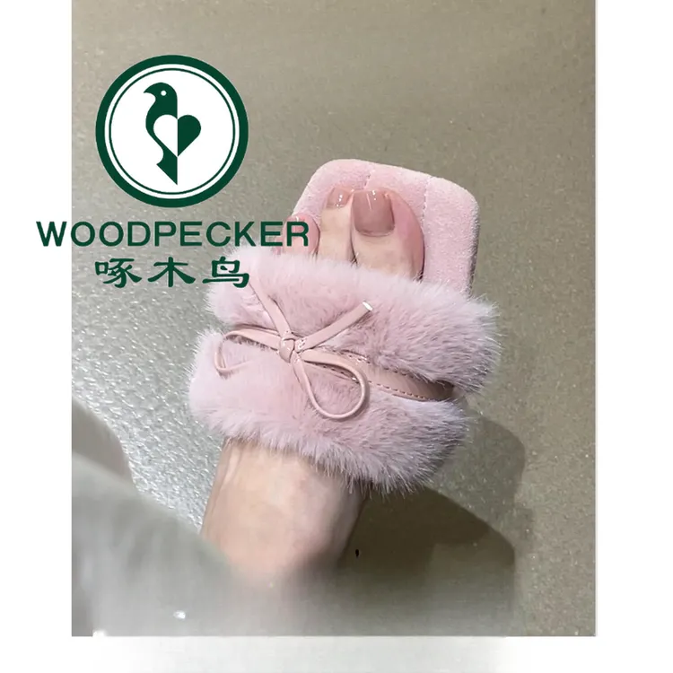 啄木鸟法式蝴蝶结毛毛鞋女外穿2025年新款不累脚方头露趾平底拖鞋