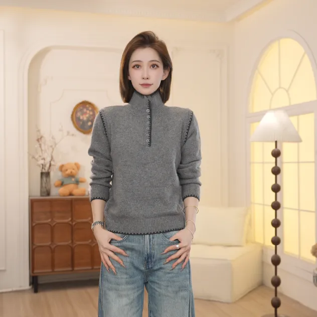 Basic House/百家好2026早春新款百搭长袖高领半开扣毛衣女NDQ52