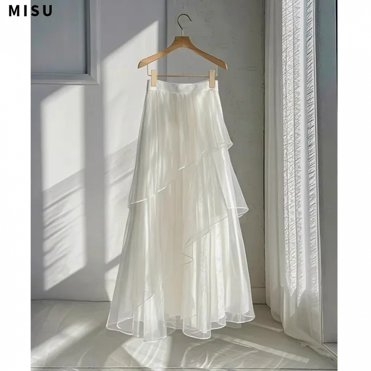 MISU/糜素2025高级感白色网纱半身裙女设计感独特超仙漂亮A字裙
