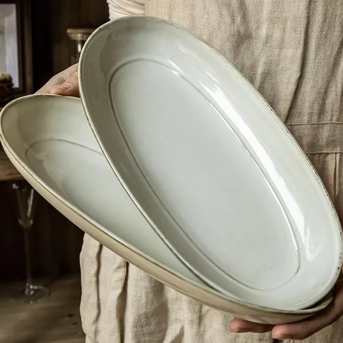 复古vintage鱼盘11英寸椭圆蒸鱼盘家用陶瓷盘特色盘子简约商用