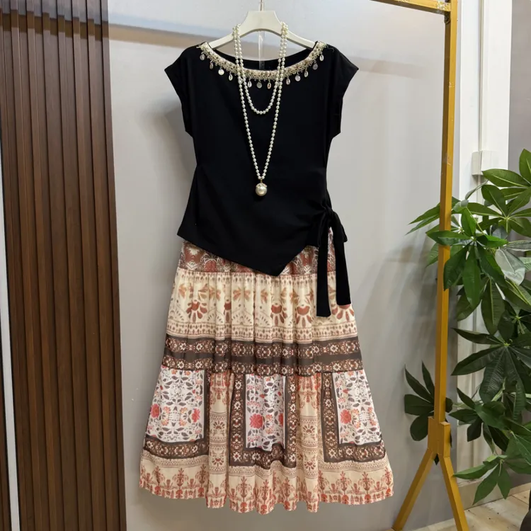 新款大码女装时尚洋气度假风不规则上衣半身裙两件套套装