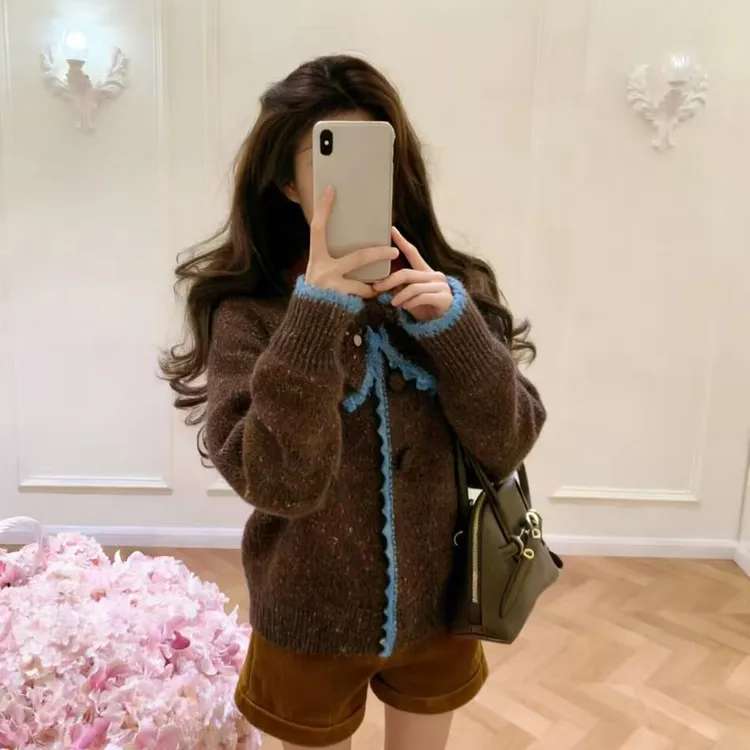 2026春季新款复古撞色廓形针织蝴蝶结开衫毛衣百搭显瘦短裤套装