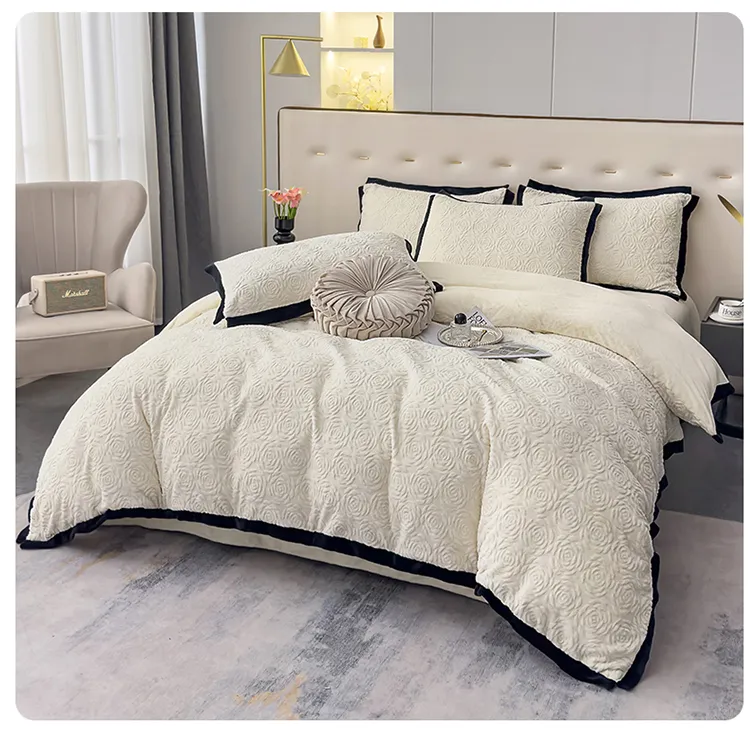 美作师冬季小香风高端雕花绒加厚四件套牛奶宝宝绒提花被套床单