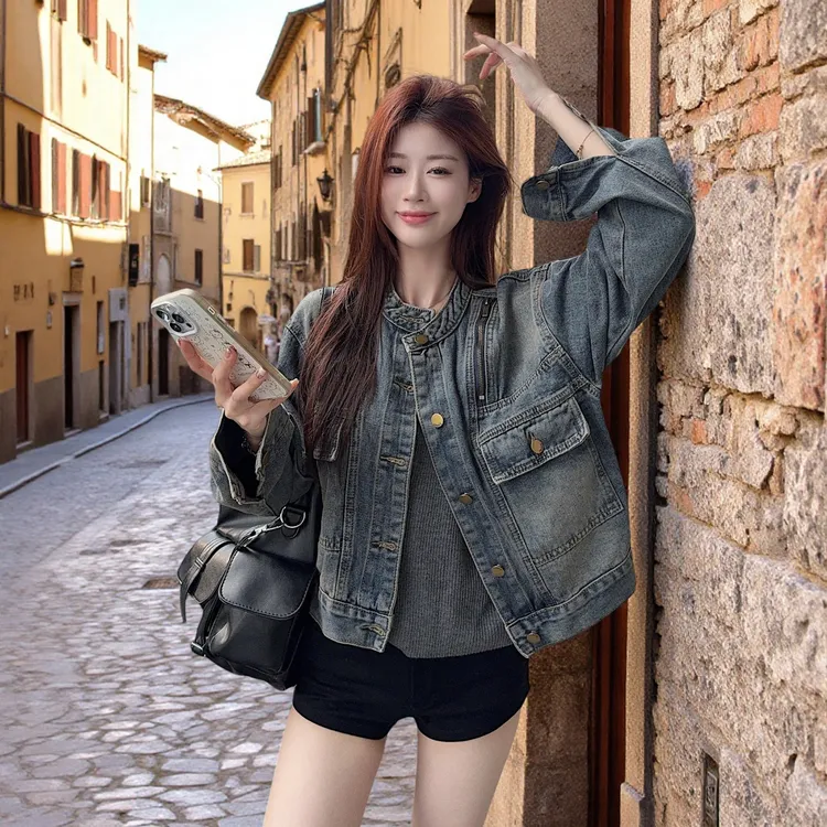 【现货+运补】新款时髦街头做旧水洗牛仔外套显瘦拉链外套女春秋百搭外套8702