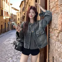 新款时髦街头做旧水洗牛仔外套显瘦拉链外套女春秋百搭外套