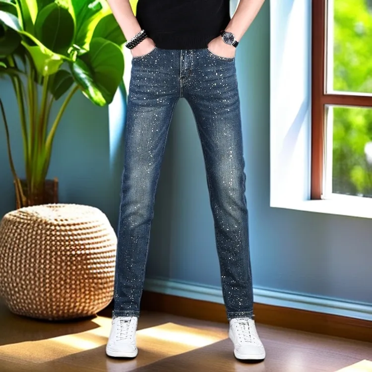 娜罗普西秋冬新款男士牛仔裤潮牌时尚烫钻修身小脚裤个性百搭长裤