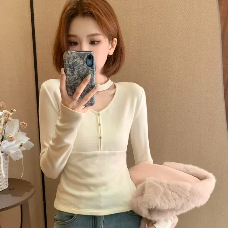 【芝士Cheese】月光浮雕 韩系挂脖V领软糯亲肤长袖磨毛针织上衣