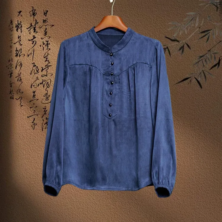 【温婉如玉】新中式中国风香云纱大王缎挂霜老料半开立领褶皱上衣