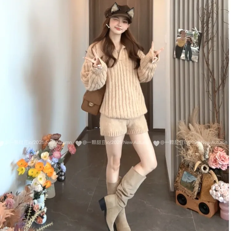 秋冬慵懒针织百搭休闲毛衣短裤套装女甜美简约时尚穿搭一整套装潮