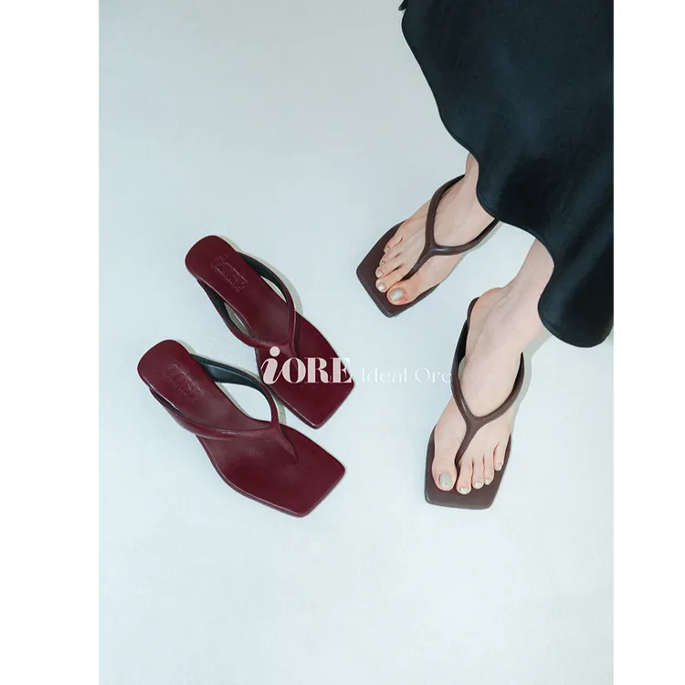 理想矿石原创极简舒适羊皮猫跟方头夹趾细高跟鞋人字拖鞋