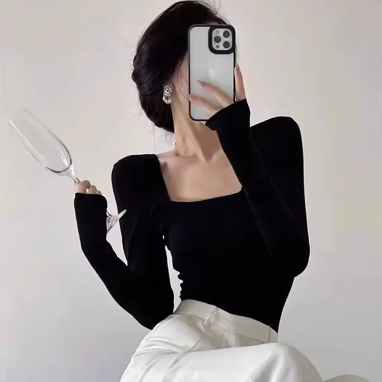 黑色方领长袖t恤女早秋低领露锁骨显瘦打底衫内搭紧身高级感女装