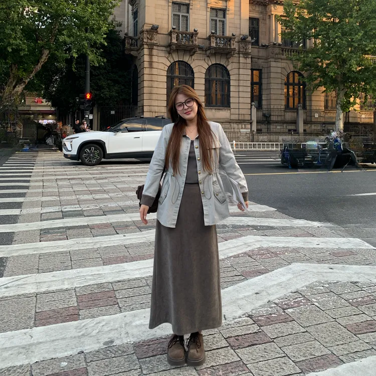 盈盈&南岛风大码女装牛仔上衣秋胖mm慵懒风高腰半身裙套装ZYY2113