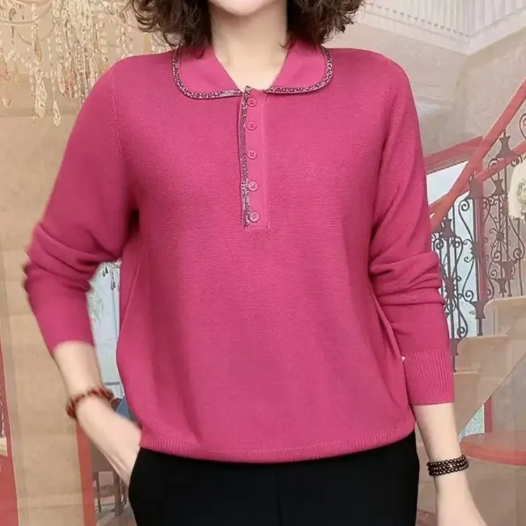 中年妈妈时尚翻领镶钻洋气针织打底小衫秋冬新款宽松长袖遮肉上衣