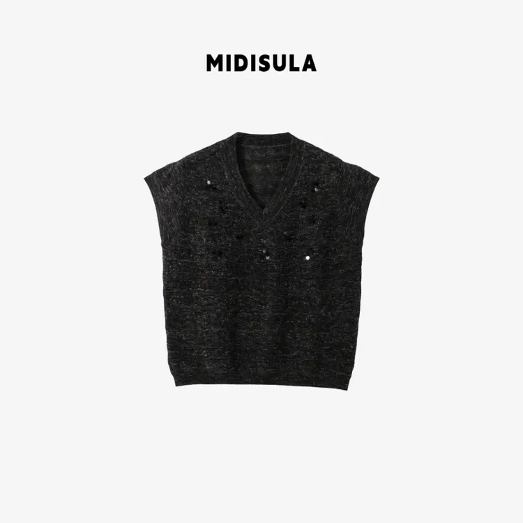 MDSL·时尚简约百搭无袖v领亮片上衣01661