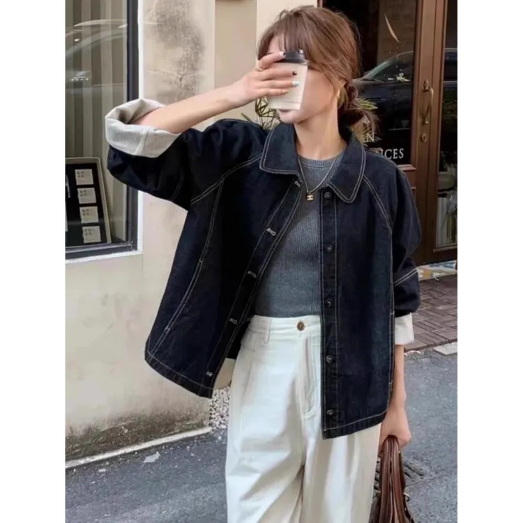 设计感条纹拼接袖口普洗蓝牛仔外套女2025春秋宽松小个子韩版上衣