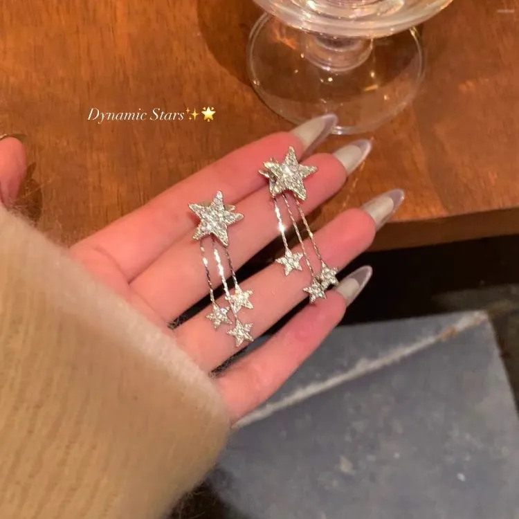 铜合金合成锆石耳饰 气质星星流苏耳环女一款两戴耳钉轻奢耳饰