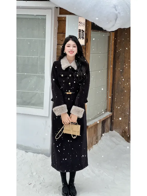 【雪间风华】秋冬季大码显瘦时髦高级感毛领外套腰带半身裙夹棉套装