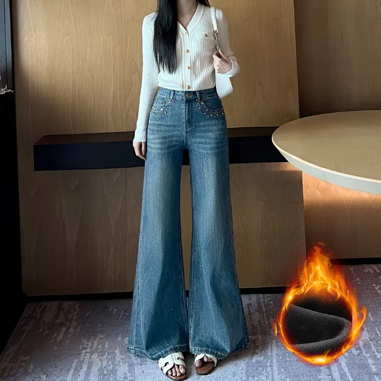 烫钻不贴腿加绒微喇叭牛仔小个子女2025秋冬高腰宽松喇叭裤设计感