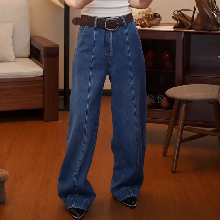 2025秋冬新款显瘦复古高腰时尚拖地弯刀加厚加绒牛仔裤LK2508215