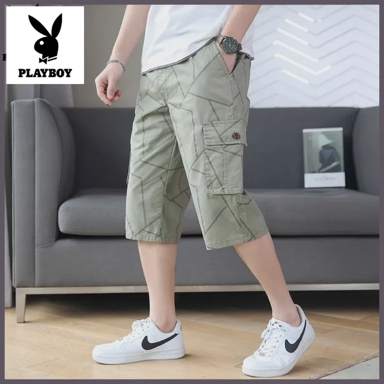 花花公子男士夏季潮流工装短裤纯棉直筒七分运动薄款中裤男士短裤