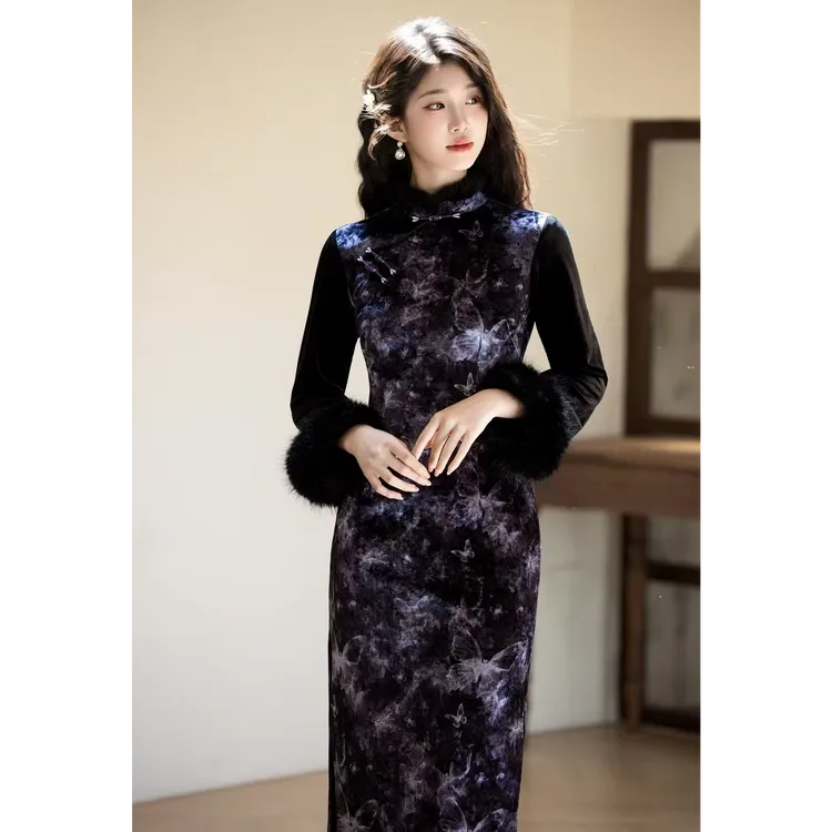 【炫彩】立领低领长裙日常新中式旗袍秋冬加绒加厚修身