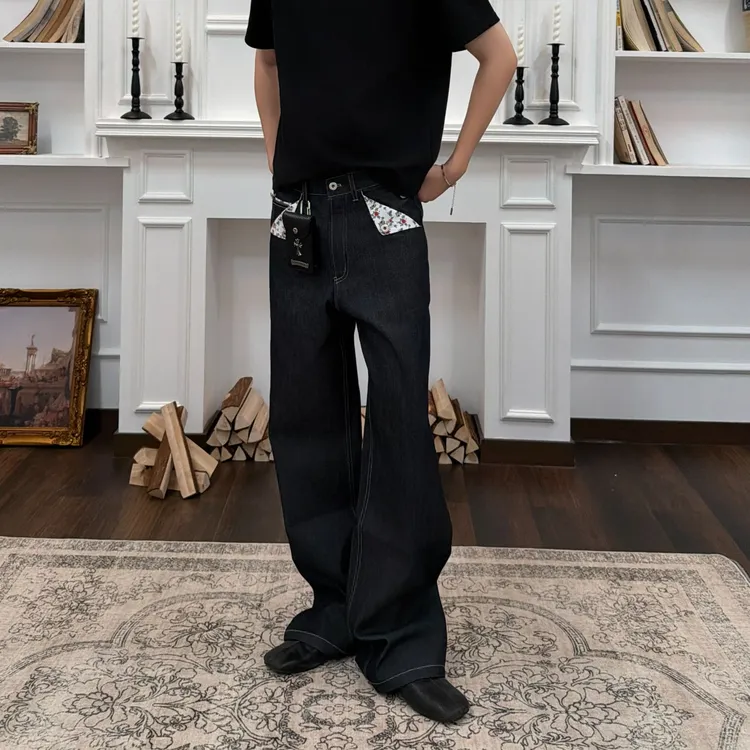 K12 25日本冈山高硬度复古直筒碎花原牛仔长裤baggy长裤美式百搭