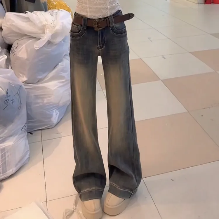 时尚百搭加厚加绒做旧高腰长裤怀旧复古色牛仔裤LK2508160