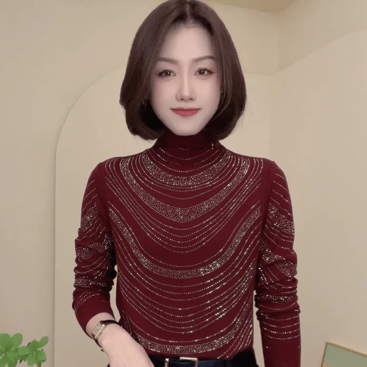 秋冬新款烫钻显瘦洋气长袖打底衫半高领女士上衣简约修身小衫