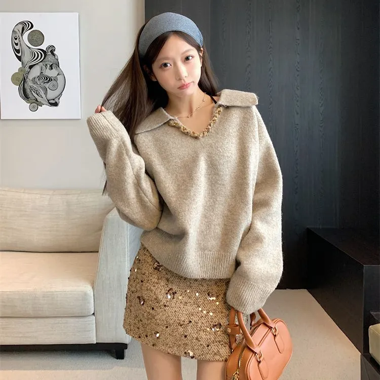 千金名媛风v领套头毛衣女冬季长袖宽松针织衫休闲气质慵懒风上衣