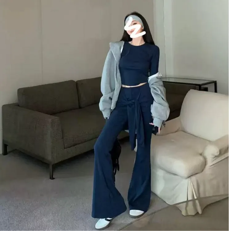 复古气质辣妹修身显瘦设计感上衣套装女韩系假两件绑带裤子两件套