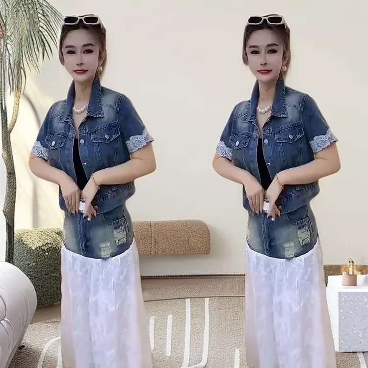 气质名媛时髦夏季新款短袖牛仔+洋气拼接个性好看半身裙两件套