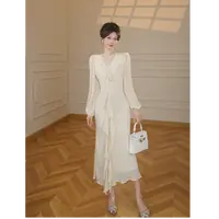 【张小小】【有里布】深v飘带连衣裙度假风包臀鱼尾裙纯色长裙D3283