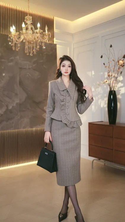 罗曼定制  原创设计时尚套装千鸟格格纹女装裙子秋季显瘦复古西装