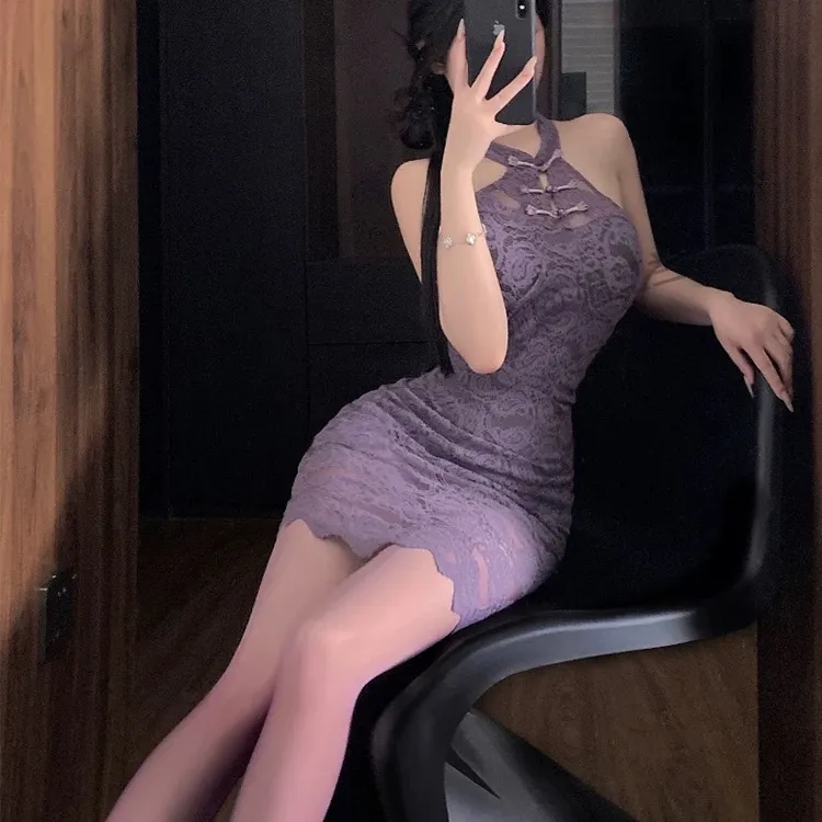 Meetyou欲见性感妩媚盘扣旗袍蕾丝修身战袍包臀裙