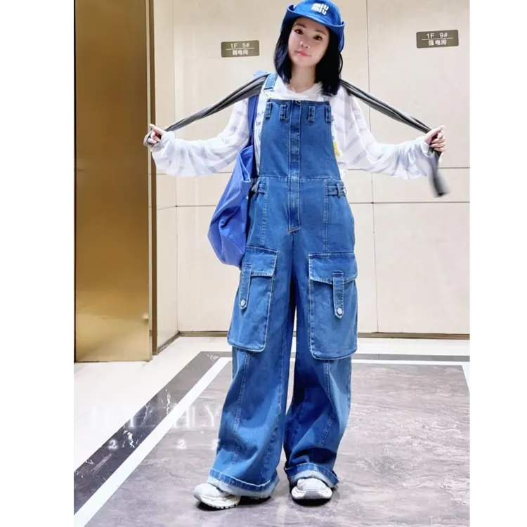 AndAnything百搭阔腿多口袋宽松牛仔水洗可叠穿直筒显瘦背带裤