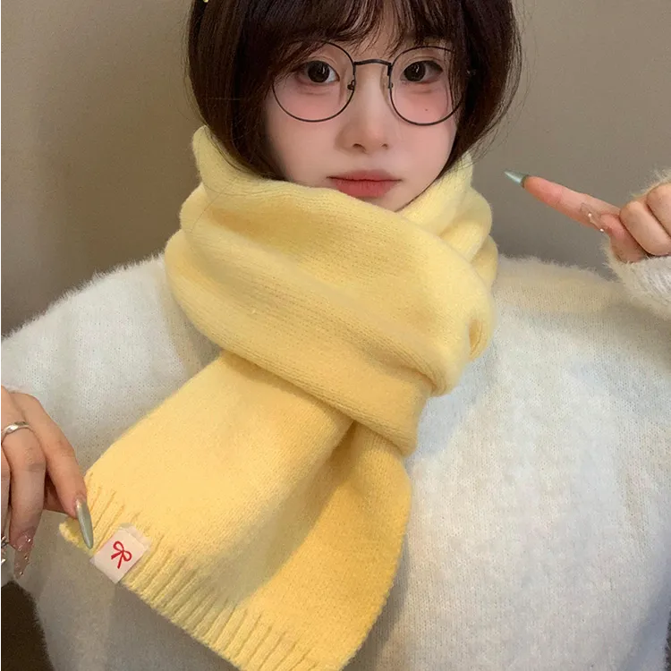 韩系氛围感黄色显白针织围巾女秋冬季保暖可爱蝴蝶结围脖2025新款