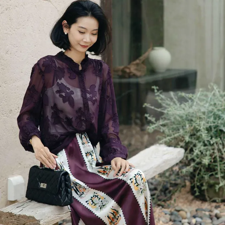 CHENSMCHEN 100桑蚕丝复古印花半身裙气质精致百搭裙子CSEQ4052CS