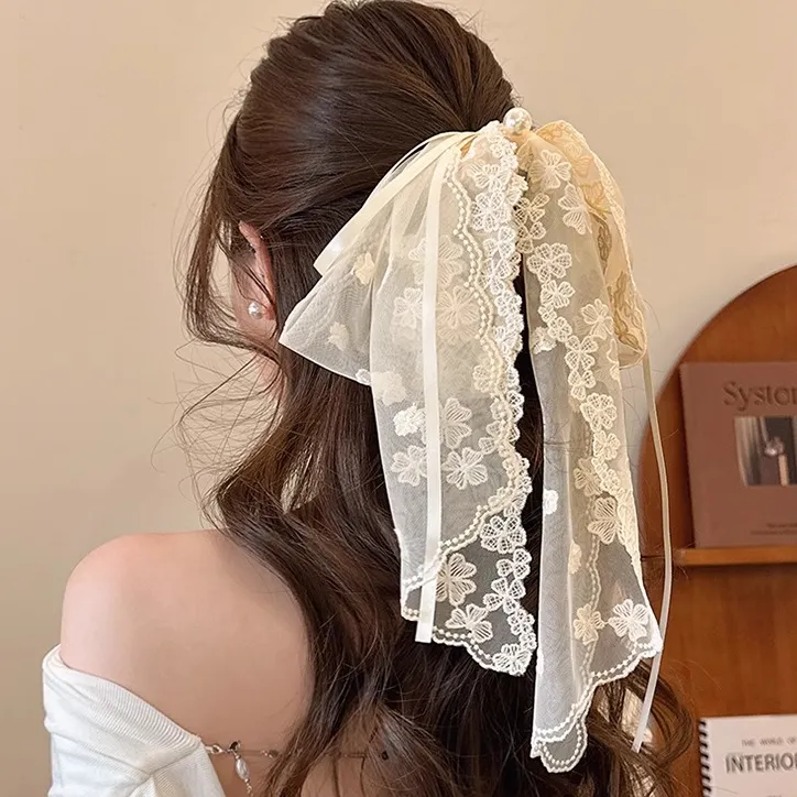 高端飘带蕾丝大蝴蝶结半扎发后脑勺发夹女珍珠马尾抓夹高级感头饰