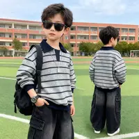 儿童秋冬加绒厚款男女通用条纹套头卫衣韩版翻领拼色秋冬polo卫衣